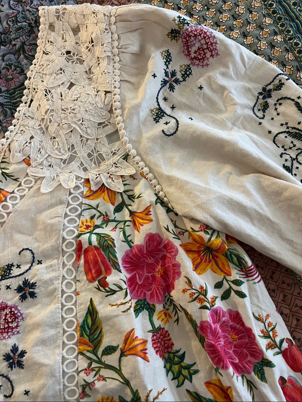 FARM Rio One-Shoulder Cream Floral Mini Dress with Pink & Green Accents - Picture 15 of 15
